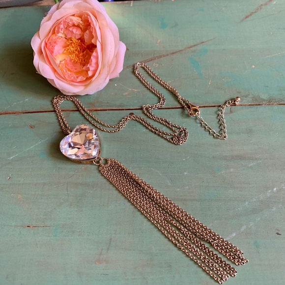 ❤️ Big Heart - Clear Faceted Stone Heart Pendant Gold Tone Long Necklace ❤️ - Picture 7 of 8